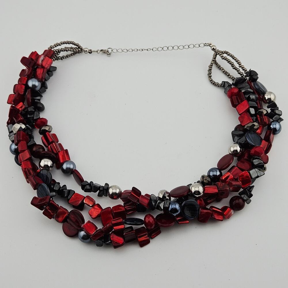 Multi Strand Beaded Statement Necklace 18" Deep Red Black Whimsigoth Bella Swan